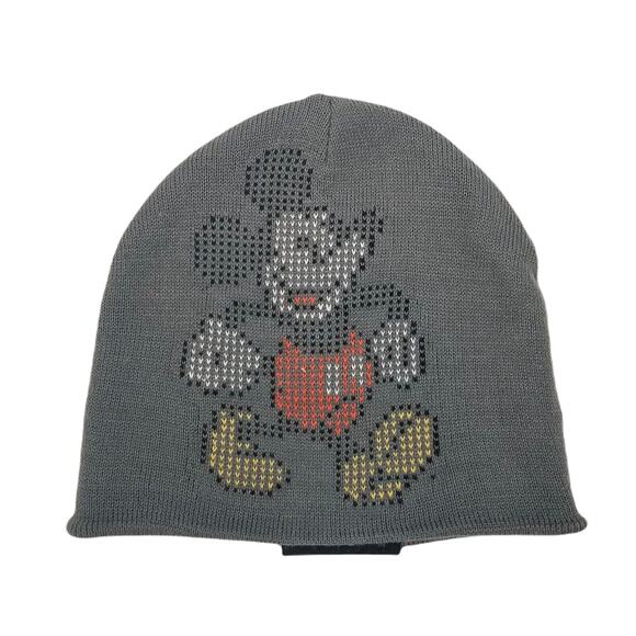 Disney Parks Mickey Mouse Cross Stitch Pattern Youth Beanie Hat Gray One Size - Picture 1 of 5